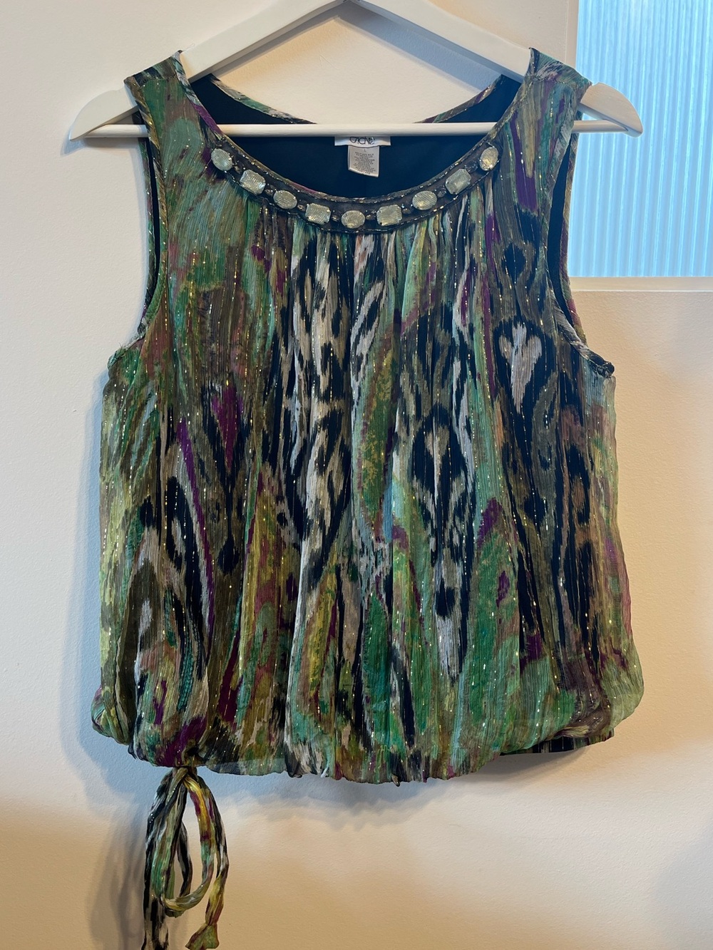 Fairycore Green Beaded Gold Threaded Silk Top